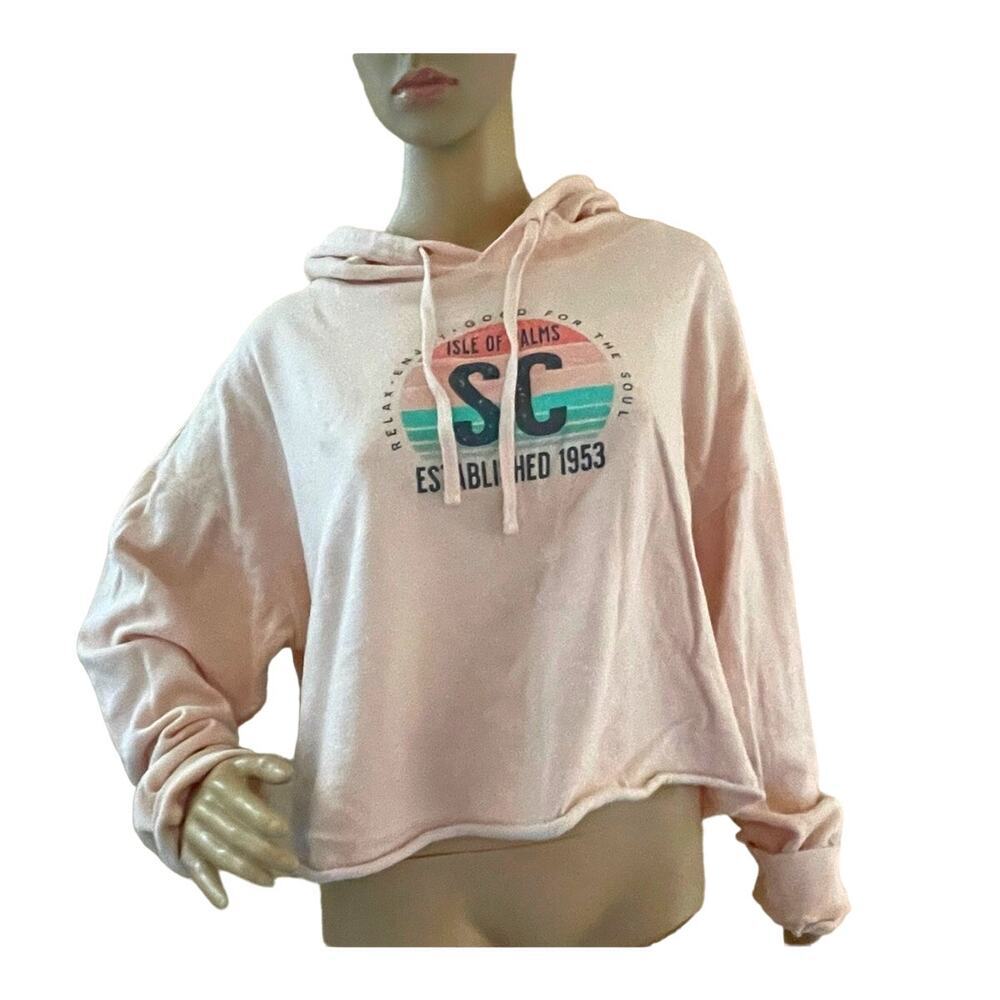 EMI‎ Womens Pastel Pink Graphic Cropped S.C. Hoodie Size 2XL-Trendy Casual Vibes